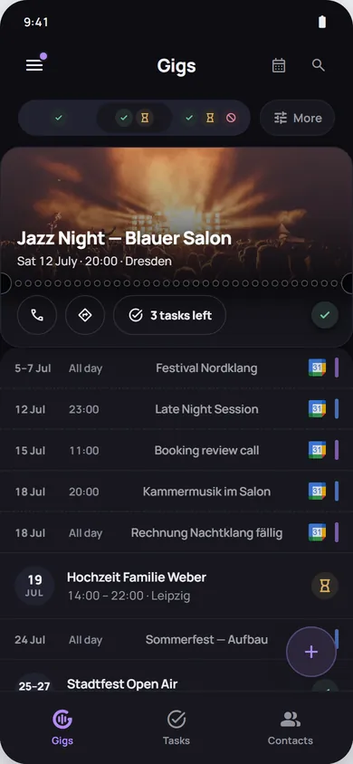The Gigs list with the next gig as a ticket on top